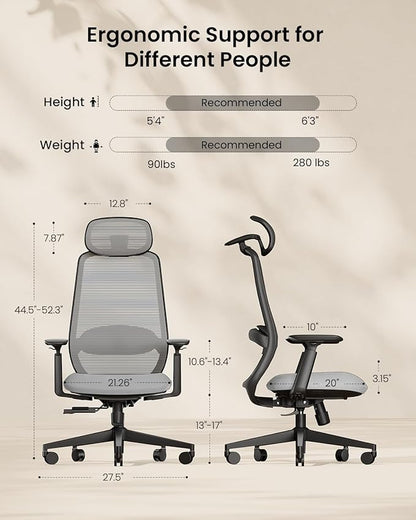 ProtoArc Ergonomic Office Chair – EC200 High-Back Mesh Computer Chair with Lumbar Support, 3D Adjustable Headrest & Sliding Seat for 8+ Hour Comfort, Big & Tall Home Office Desk Chairs - Gray