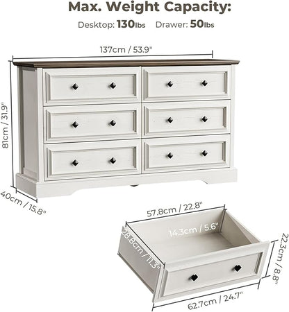 Farmhouse 6 Drawer Dresser for Bedroom, 54" Wide Wood Dresser with Natural Texture, Rustic Chest of Drawers for Bedroom with Vintage Metal Hands, for Living Room, Hallway, Antique White
