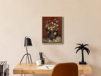 Wieco Art Framed Art Vase with Chinese Asters and Gladioli by Van Gogh Famous Oil Paintings Reproduction Abstract Canvas Prints for Home Decorations Bronze Gold Frame