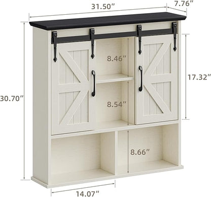 Vabches Bathroom Wall Cabinet, Farmhouse Medicine Cabinet with Double Sliding Barn Door and Adjustable Shelves, Wooden Vintage Storage Cabinet Wall Mounted for Bathroom, Kitchen, White and Black