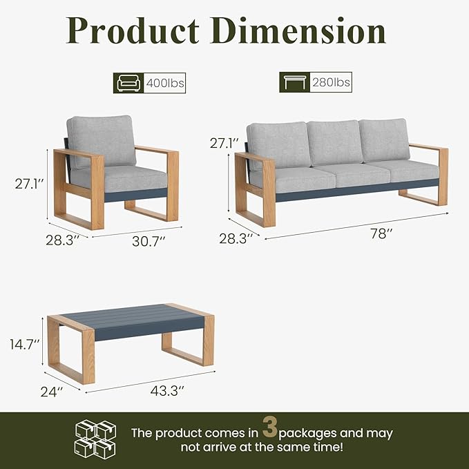 LayinSun 4 Pieces Aluminum Patio Furniture Set with Coffee Table, Oversized Seat with Hight Back, Outdoor Conversation Sets for Porch, Balcony, Deck