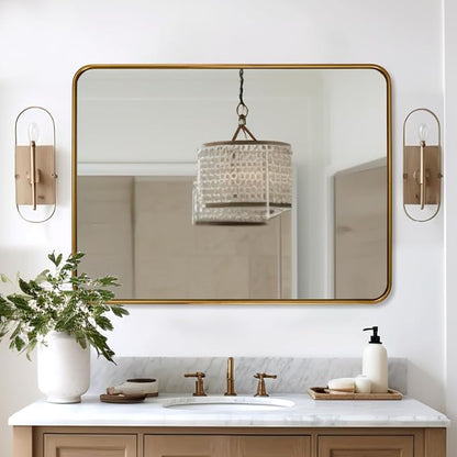 ANDY STAR Bathroom Mirror for Wall, 30x40 Inch Gold Rectangle Mirror for Bathroom with Rounded Corner, Modern Brushed Brass Vanity Rectangular Mirrors with Tube Metal Frame, Wall Mounted