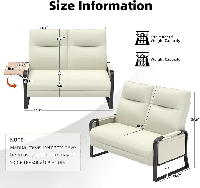 Faux Leather Loveseat, Upholstered Loveseat with Side Tray Table & Storage Pocket, Small Loveseat for Living Room, Modern 2 Seater Sofa Couch for Small Spaces, Bedroom, Beige