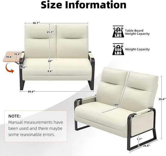 Faux Leather Loveseat, Upholstered Loveseat with Side Tray Table & Storage Pocket, Small Loveseat for Living Room, Modern 2 Seater Sofa Couch for Small Spaces, Bedroom, Beige