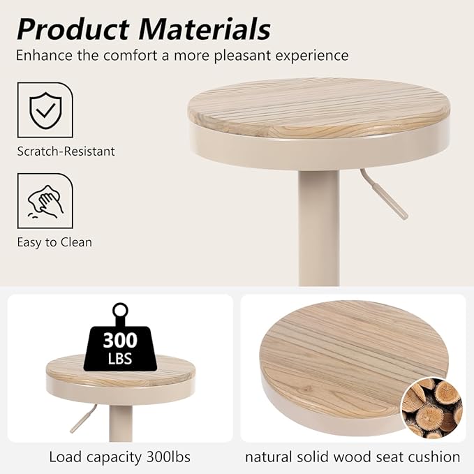 Kidol & Shellder Bar Stools Set of 4 Round Adjustable Swivel Barstools Modern Backless Bar Chairs Wooden Seat Counter Height Stools Armless for Kitchen Island, Cafe, Dining Room (Khaki)