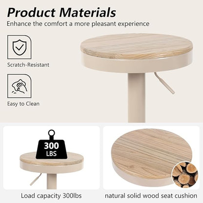 Kidol & Shellder Bar Stools Set of 6 Round Adjustable Swivel Barstools Modern Backless Bar Chairs Wooden Seat Counter Height Stools Armless for Kitchen Island, Cafe, Dining Room (Khaki)