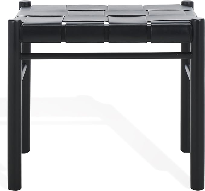 SAFAVIEH Couture Collection Devnie Black Woven Leather & Black Solid Wood Ottoman (Fully Assembled)
