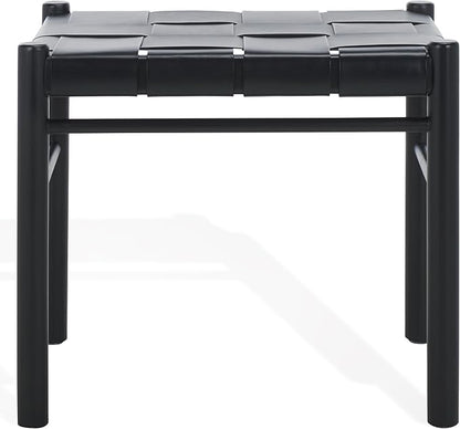 SAFAVIEH Couture Collection Devnie Black Woven Leather & Black Solid Wood Ottoman (Fully Assembled)