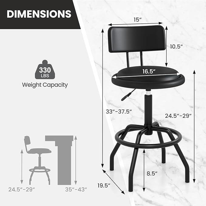 COSTWAY Adjustable Height Bar Stools Set of 2, 360 Degree Swivel, Modern Guitar Stool for High Ergonomic Seating, with PU Leather Cushion, Heavy Duty Steel Frame for Bar, Shop and Music, Garage, Black