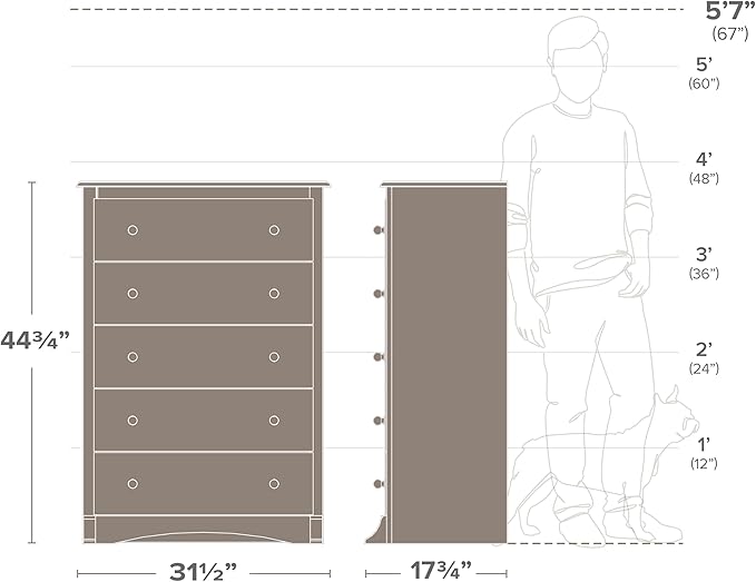 Prepac Sonoma Superior 5-Drawer Dresser for Bedroom - Spacious and Stylish Chest of Drawers, Measuring 17.75"D x 31.5"W x 44.75"H, In White Finish