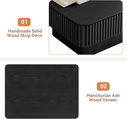 Lift Top Coffee Table for Living Room, Fluted Coffee Tables with Storage, Solid Wood Veneered Modern Accent Tea Center Table for Small Space Apartment (Black-38.6''D×26.8''H)