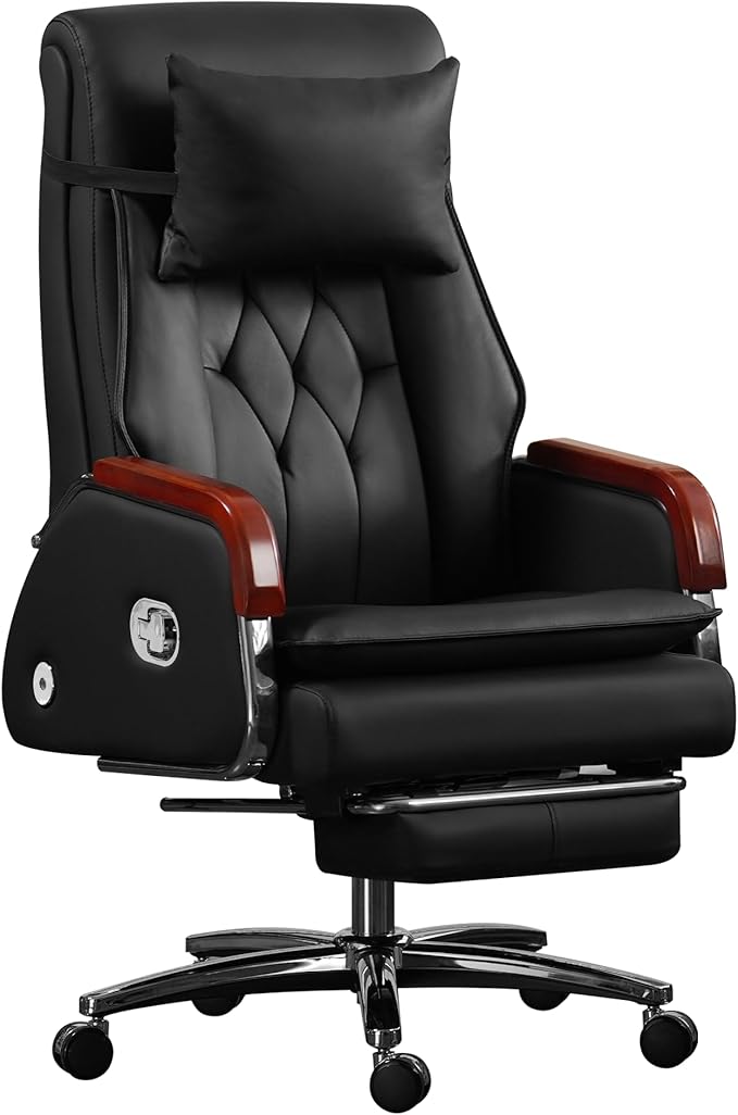 Kinnls Cameron Massage Chair Genuine Leather Executive Office Chair for Long Hours Ergonomic Home Chair Fully Reclining with Pillow,Retractable Footrest and Adjustable Headrest (Cowhide Leather-Black)