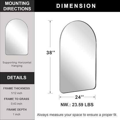 ANDY STAR Arch Mirror, 24" x 38" Arched Chrome Mirror in Stainless Steel Metal Frame, Chrome Bathroom Mirror for Wall, Arch Top Rounded Corner 1" Deep Set Design Wall Mount Hangs Vertical