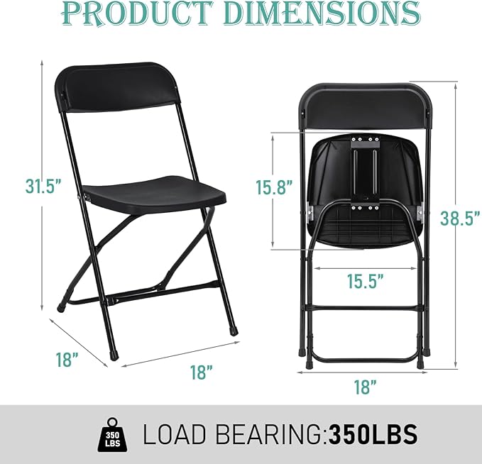 20 Pack Black Plastic Folding Chairs, Portable Stackable Commercial Party Folding Chairs with Steel Frame 350lbs for Home Office Outdoor Indoor Office Wedding Party Events