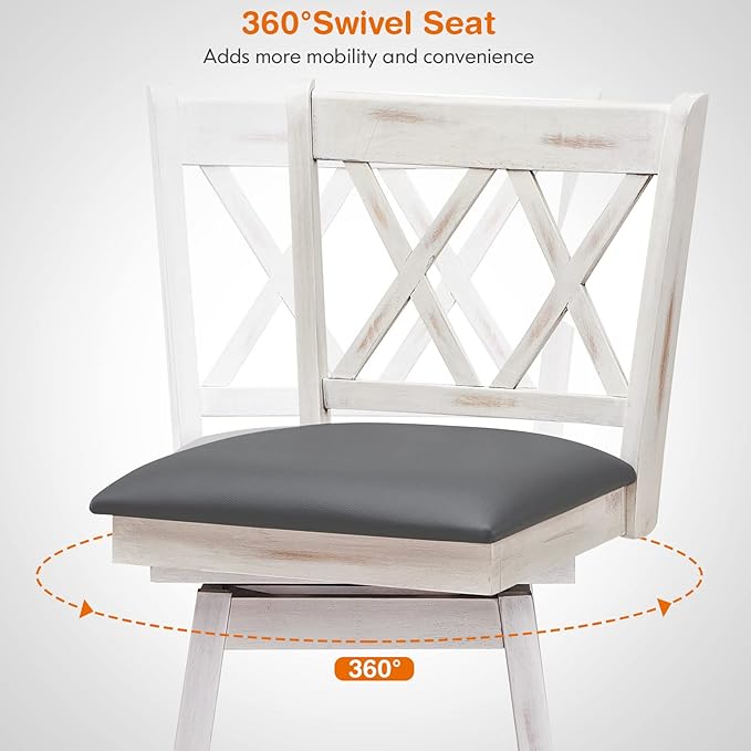 COSTWAY Bar Stool Set of 2, 360° Swivel Counter Height 25inch Bar Stool with Foot Rest Upholstered Cushion & Ergonomic Backrest, Sturdy Frame, for Pub, Kitchen Islands (2, Antique White + Grey)
