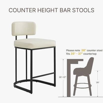 26" H Counter Height Bar Stools Set of 3, Modern Faux Leather Upholstered Barstools with Backrest for Kitchen Island, Black Metal Frames, Cream