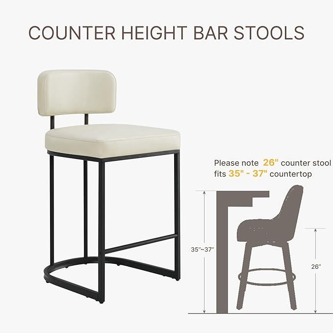 26" H Counter Height Bar Stools Set of 4, Modern Faux Leather Upholstered Barstools with Backrest for Kitchen Island, Black Metal Frames, Cream