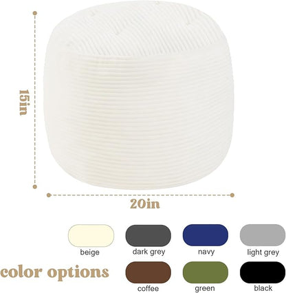 MeMoreCool Round Pouf Ottoman – Beige Corduroy Footrest with Foam Filling Compact Foot Stool for Couch, Living Room Decor, Dorms & Small Spaces