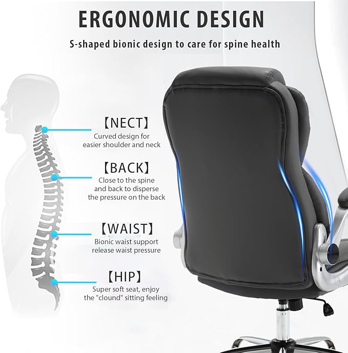 Executive Office Chair, Pu Leather High Back Ergonomic Office Desk Chairs with Wheels, 90-120° Rocking Managerial Chair Home Computer Chairs with Flip-up Armrests and Lumbar Support, Grey