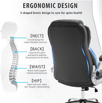 Executive Office Chair, Pu Leather High Back Ergonomic Office Desk Chairs with Wheels, 90-120° Rocking Managerial Chair Home Computer Chairs with Flip-up Armrests and Lumbar Support, Grey