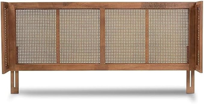Eclectic Escape Mid-Century Modern Ash Wanut Finished Wood and Synthetic Rattan Wrap-Around Headboard Queen