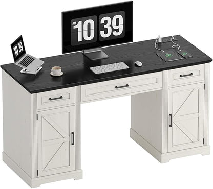 ONBRILL 59 inch Farmhouse Executive Desk with Drawers, Home Office Desk with File Cabinet, Outlets, Storage Cabinet, Keyboard Tray, Wood Computer Desk for Work Study Writing (Off White & Black)