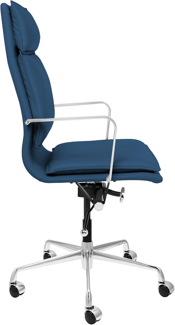 Laura Davidson Furniture Lexi II Padded Office Chair - Tall Back Desk Chair with Aluminum Arm Rest, Swivel & Cushion Availability, Made of Faux Leather, Blue, Computer Chair