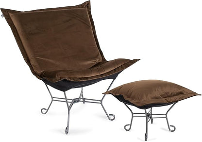 Howard Elliott Scroll Puff Ottoman Chair With Cover, Multipurpose Alternate Seating Footstool Footrest Chair with Titanium Frame, Patio Furniture for Camping, Home, Indoor & Outdoor, Bella Chocolate