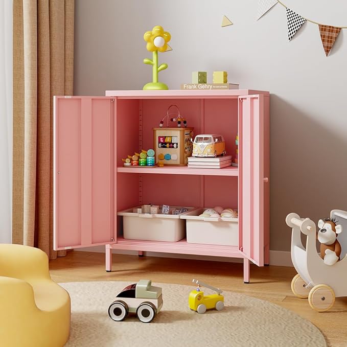 Metal storage Cabinets with 2 Doors，Small Pantry Cabinet, Storage Closet with Adjustable Shelf and High Feet, Pink Cabinet for Home, Office, Living Room,Dining Room,Sideboard, Hallway and Entryway
