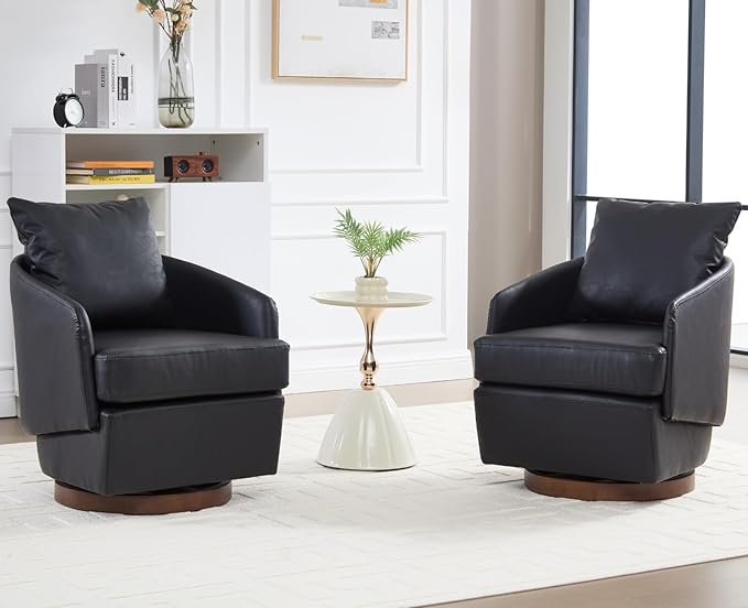 CIMOTA PU Leather Swivel Accent Chairs Set of 2, Modern Barrel Armchairs with 360° Swivel Base and Pillow, Upholstered Club Chairs for Living Room/Reading/Office, Black
