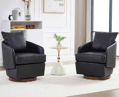 CIMOTA PU Leather Swivel Accent Chair, Modern Barrel Armchair with 360° Swivel Base and Pillow, Upholstered Club Chair for Living Room/Reading/Office, Black