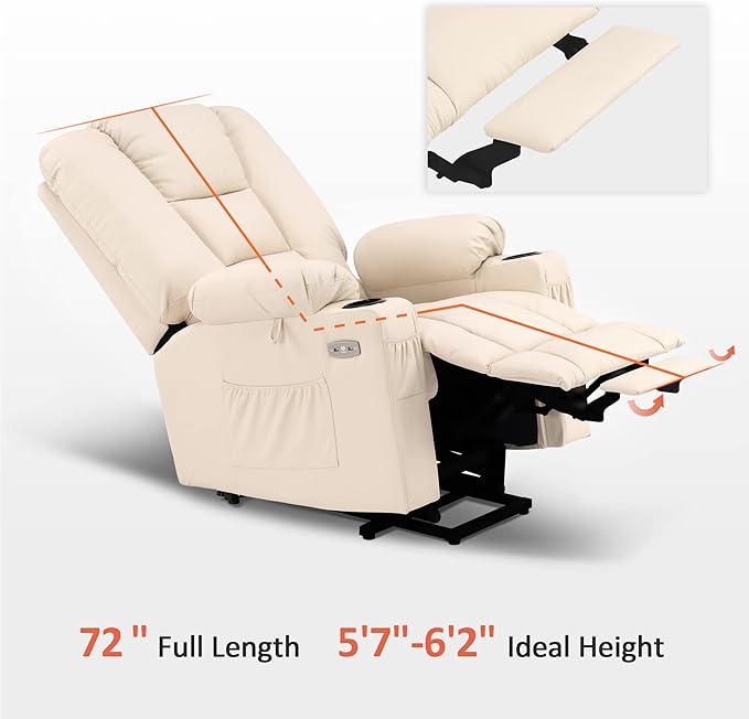 MCombo Large Power Lift Recliner Chair Sofa with Massage and Heat for Big and Tall Elderly People, 3 Positions, Cup Holders, and USB Ports, Faux Leather 7539 (Large, Cream White)