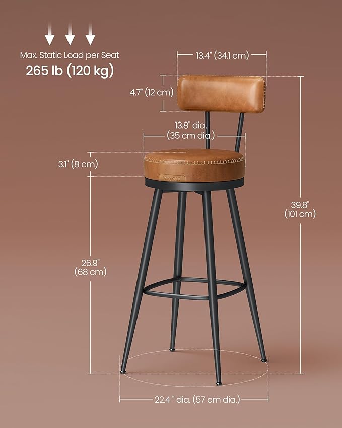 VASAGLE EKHO Collection - Bar Stools Set of 2, Swivel Bar Height Bar Stools with Back, Synthetic Leather with Stitching, Mid-Century Modern, 30-Inch Tall Barstools for Kitchen Home Bar, Caramel Brown