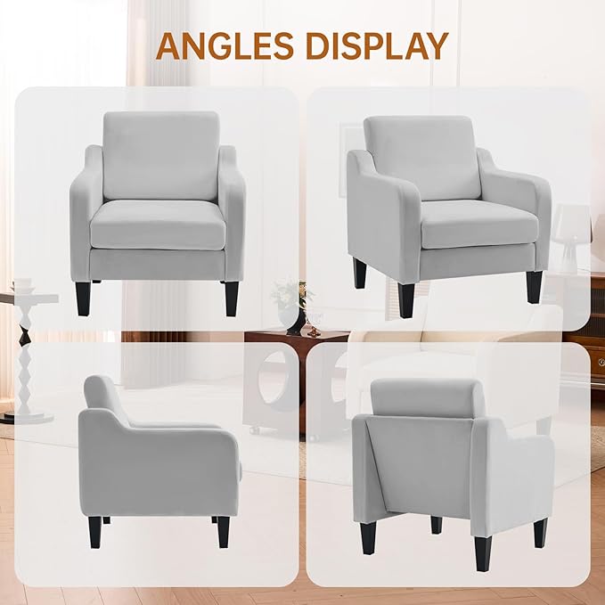 Accent Chair for Living Room, Modern Velvet Living Room Chairs with Wide Backrest, Upholstered Comfy Chair with Cushion, Oversized Sofa Chair with Wood Legs, Single Armchair, Grey