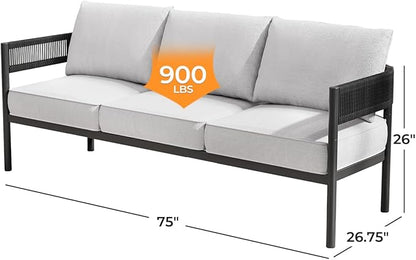 Gand Patio Outdoor 3-Seat Couch Sofa, Wicker Conversation Set with Thick Cushion for Porch, Garden, Yard, Beige