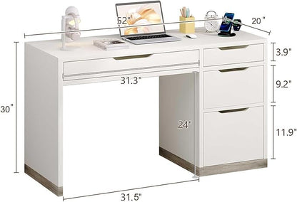 52 Inch White Desk with 4 Drawers, Computer Desk with Storage for Small Spaces with Storage File Cabinet, Small Home Office Desk with Drawers for Bedroom
