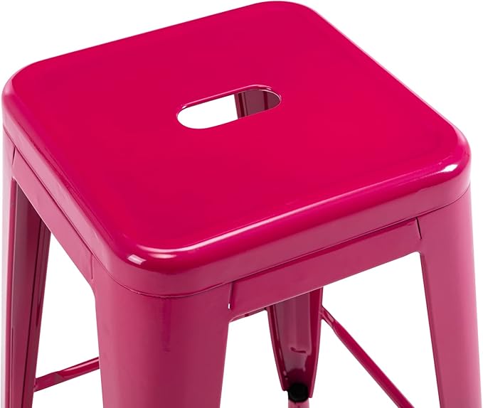 Vogue Furniture Direct 24 Inch Metal Bar Stools, Backless Counter Height Barstools, Indoor Outdoor Stackable Stools with Square Seat, Set of 2 (Hot Pink)