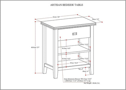 SIMPLIHOME Artisan Bedside Table - 24 inch Wide Solid Wood Nightstand Table in Russet Brown, Contemporary Bedroom Side or End Table with 1 Drawer, Open Shelf Storage and Bronze Knobs