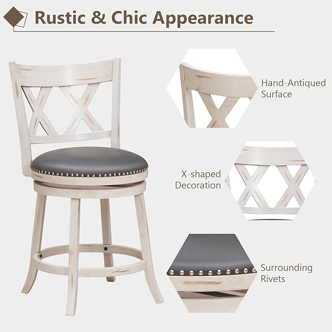 COSTWAY Bar Stool Set of 2 for Kitchen Island, 25.5” Swivel Armless Counter Height Stools with 20'' Wider Padded Seat, Ergonomic Curved Backrest, Rubber Wood Frame (2, Antique White + Gray)