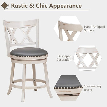 COSTWAY Bar Stool Set of 4 for Kitchen Island, 25.5” Swivel Armless Counter Height Stools with 20'' Wider Padded Seat, Ergonomic Curved Backrest, Rubber Wood Frame (4, Antique White + Gray)