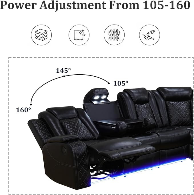 Power Recliner Sectional Couch with LED, Leather Reclining Sofa for Living Room, Muti-Functional Recliner Corner Sectional with Storage Console/Cup Holders/USB Ports (Black, SECTIONAL & CHAIR)
