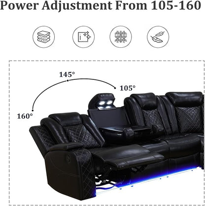 Power Recliner Sectional Couch with LED, Leather Reclining Sofa for Living Room, Muti-Functional Recliner Corner Sectional with Storage Console/Cup Holders/USB Ports (Black, SECTIONAL & CHAIR)