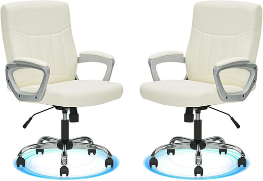 CLATINA Office Computer Desk Chair Executive Mid Back Chair Comfortable Ergonomic Managerial Chair Adjustable PU Leather Home Office Desk Chair Swivel, White 2PK