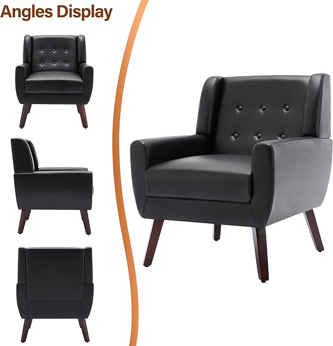 Accent Chair, Modern Faux Leather Armchair for Living Room, Comfy Upholstered Arm Chair Tufted for Indoor Bedroom Office Room (P Black)