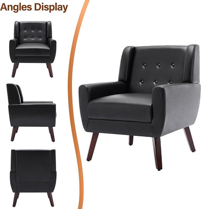 Accent Chair, Modern Faux Leather Armchair for Living Room, Comfy Upholstered Arm Chair Tufted for Indoor Bedroom Office Room (P Black)