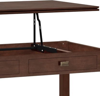 SIMPLIHOME Artisan Coffee Lift Top Table - 46 inch Wide Solid Wood Contemporary Cocktail Table in Russet Brown, Living Room with Hidden Storage Compartment, Open Shelf, and Square Knobs