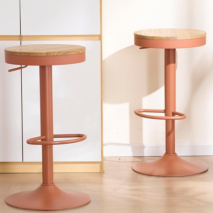 Kidol & Shellder Bar Stools Set of 4 Round Adjustable Swivel Barstools Modern Backless Bar Chairs Wooden Seat Counter Height Stools Armless for Kitchen Island, Cafe, Dining Room Terracotta