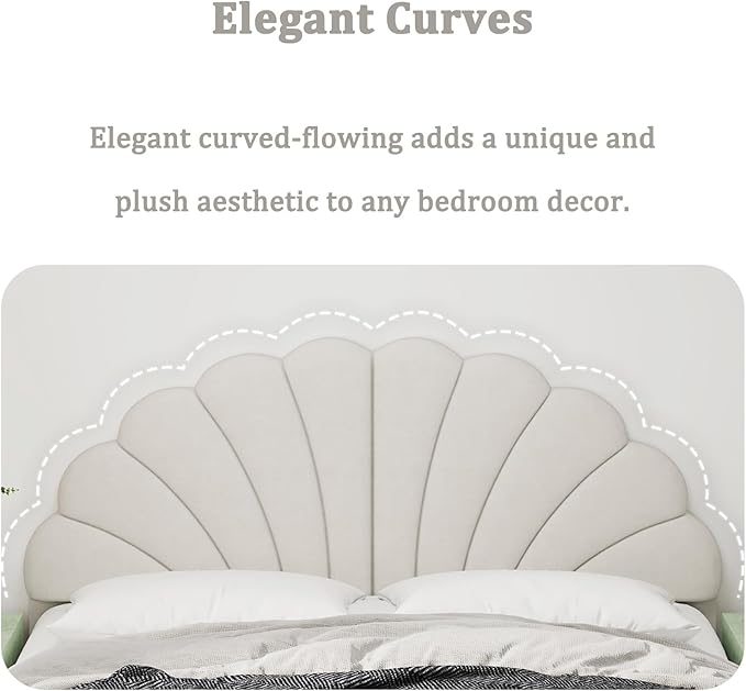 Queen Size Headboard Only, Petal Wall Mount Headboard Queen/Full Size for Adjustable Bed Velvet Upholstered Head Board Easy Assembly, Cream
