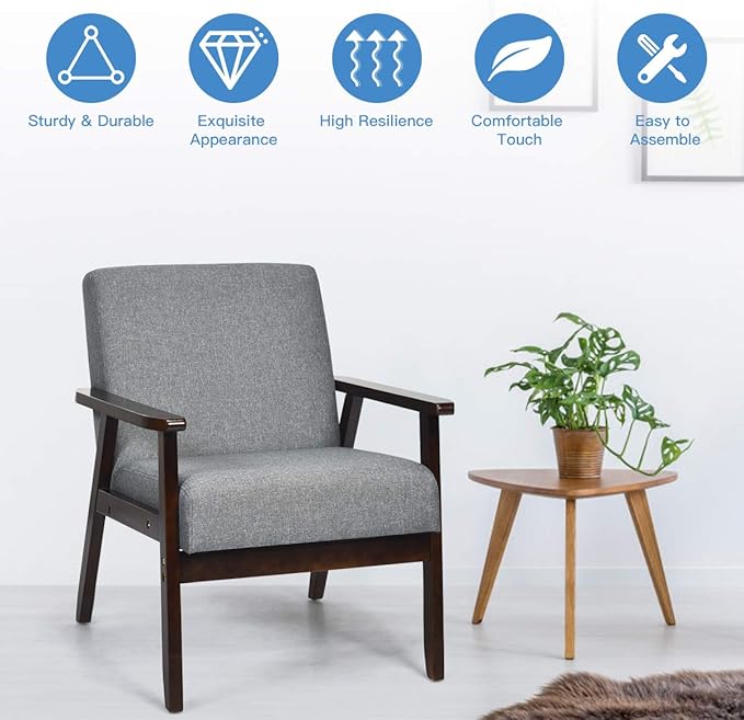 Giantex Set of 2 Mid-Century Modern Accent Chair, Retro Fabric Armchair, Solid Hardwood Made, Upholstered Linen Lounge Arm Chair for Living Room (Dark Grey)