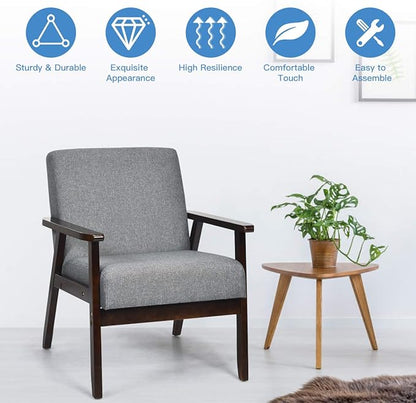 Giantex Set of 2 Mid-Century Modern Accent Chair, Retro Fabric Armchair, Solid Hardwood Made, Upholstered Linen Lounge Arm Chair for Living Room (Dark Grey)